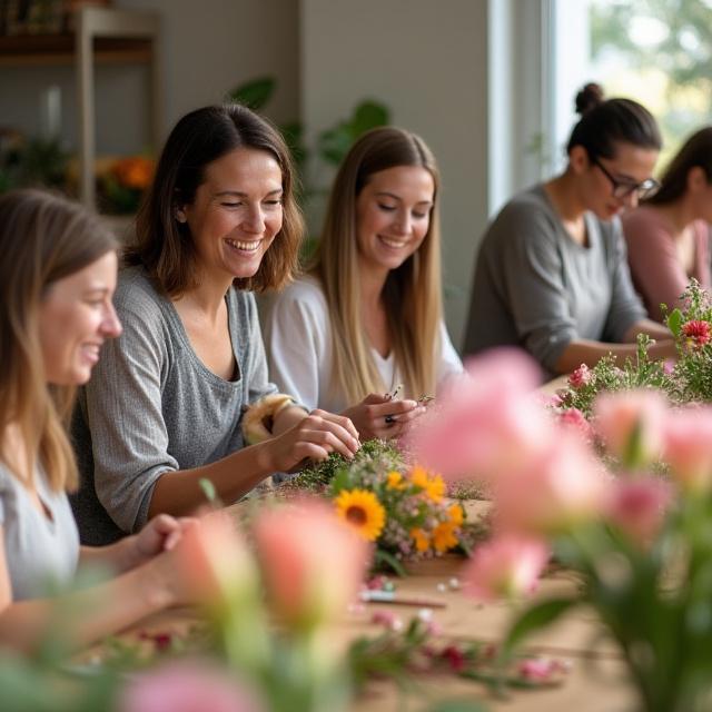 笑顔でフラワーワークショップに参加する人々